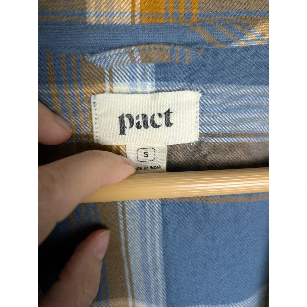Pact Organic Cotton Flannel Robe Small Blue Mustard Plaid Belted Loungewear